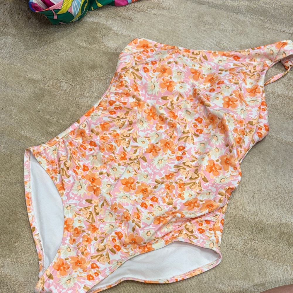 Kona Sol Pink and Orange Floral One-Piece Swimsuit